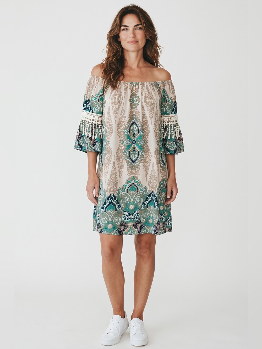 Umgee Off Shoulder Boho Dress // Green Multi // Small // NEW